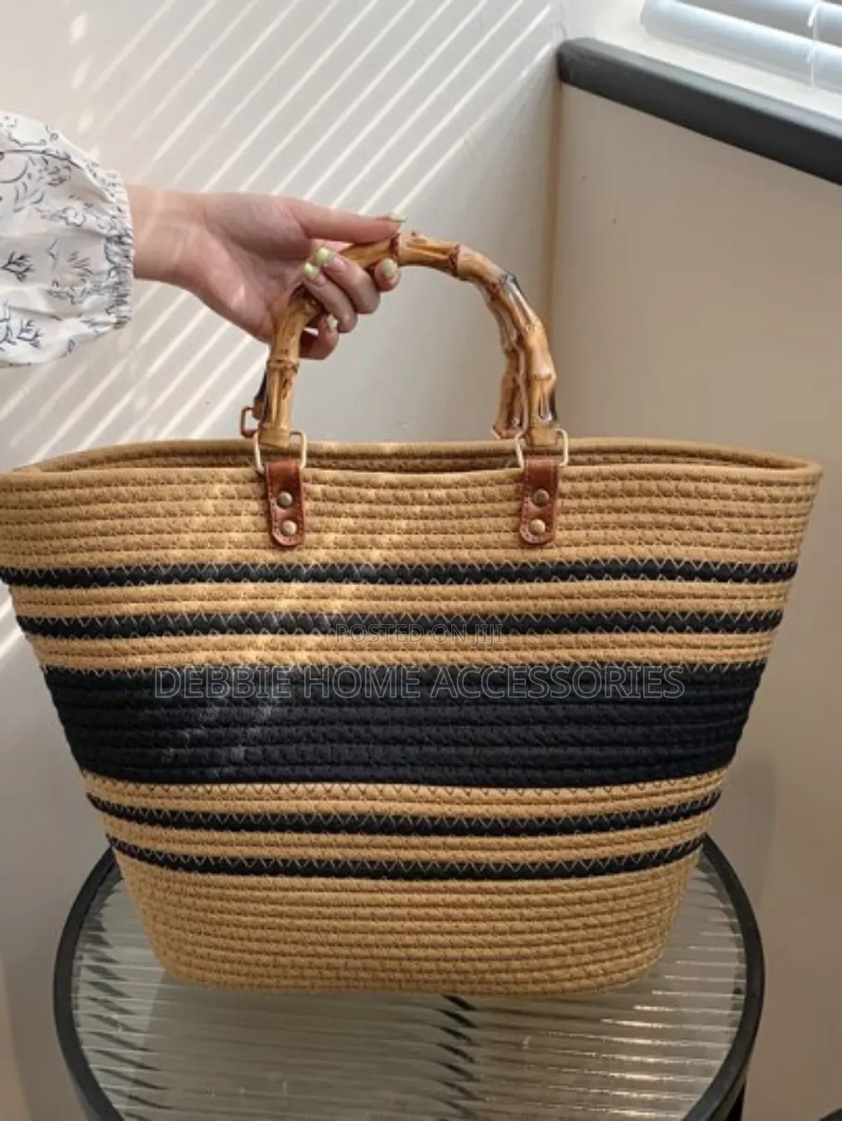 Vikapu Size 39*27cm/Striped Woven Straw Tote Bag With Bamboo Handles.