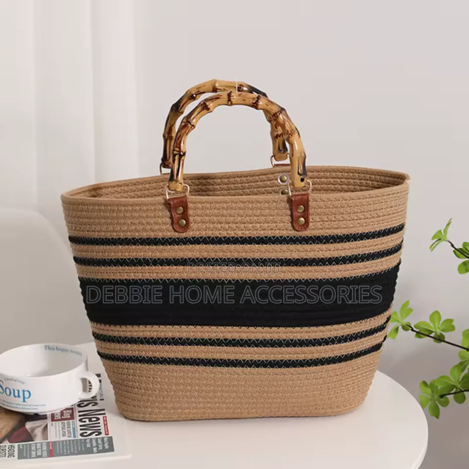 Vikapu Size 39*27cm/Striped Woven Straw Tote Bag With Bamboo Handles.