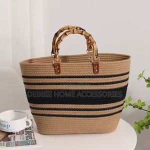 Vikapu Size 39*27cm/Striped Woven Straw Tote Bag With Bamboo Handles.