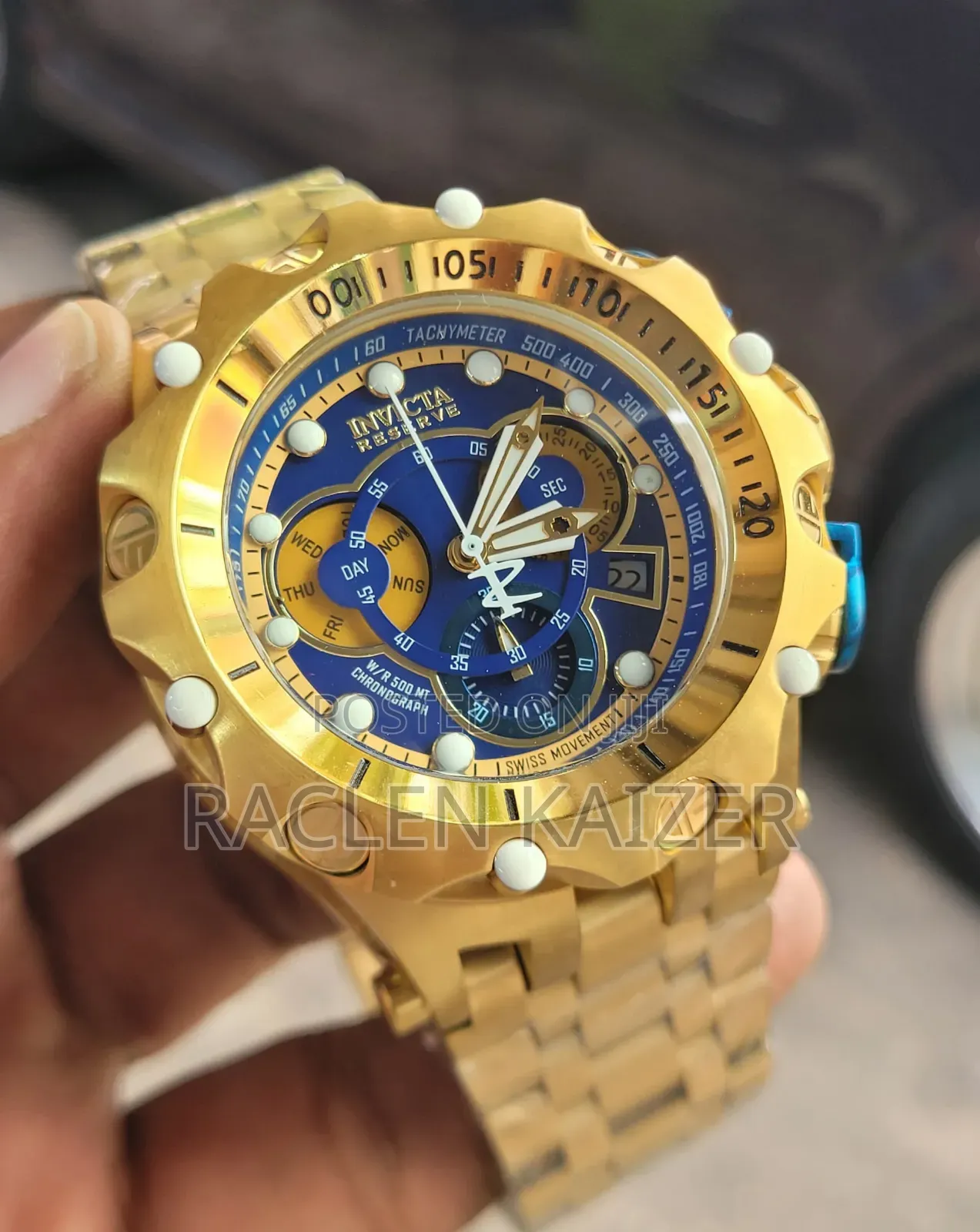 Invicta Reserve Chronograph Watch With Blue Dial and Gold Case