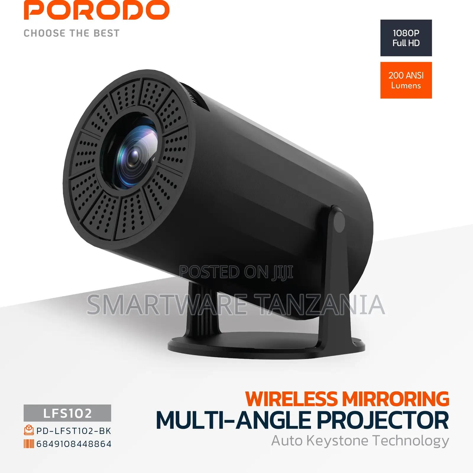 Porodo Lfs102 Wireless Mirroring Multi-Angle Projector 1080p 200 Ansi