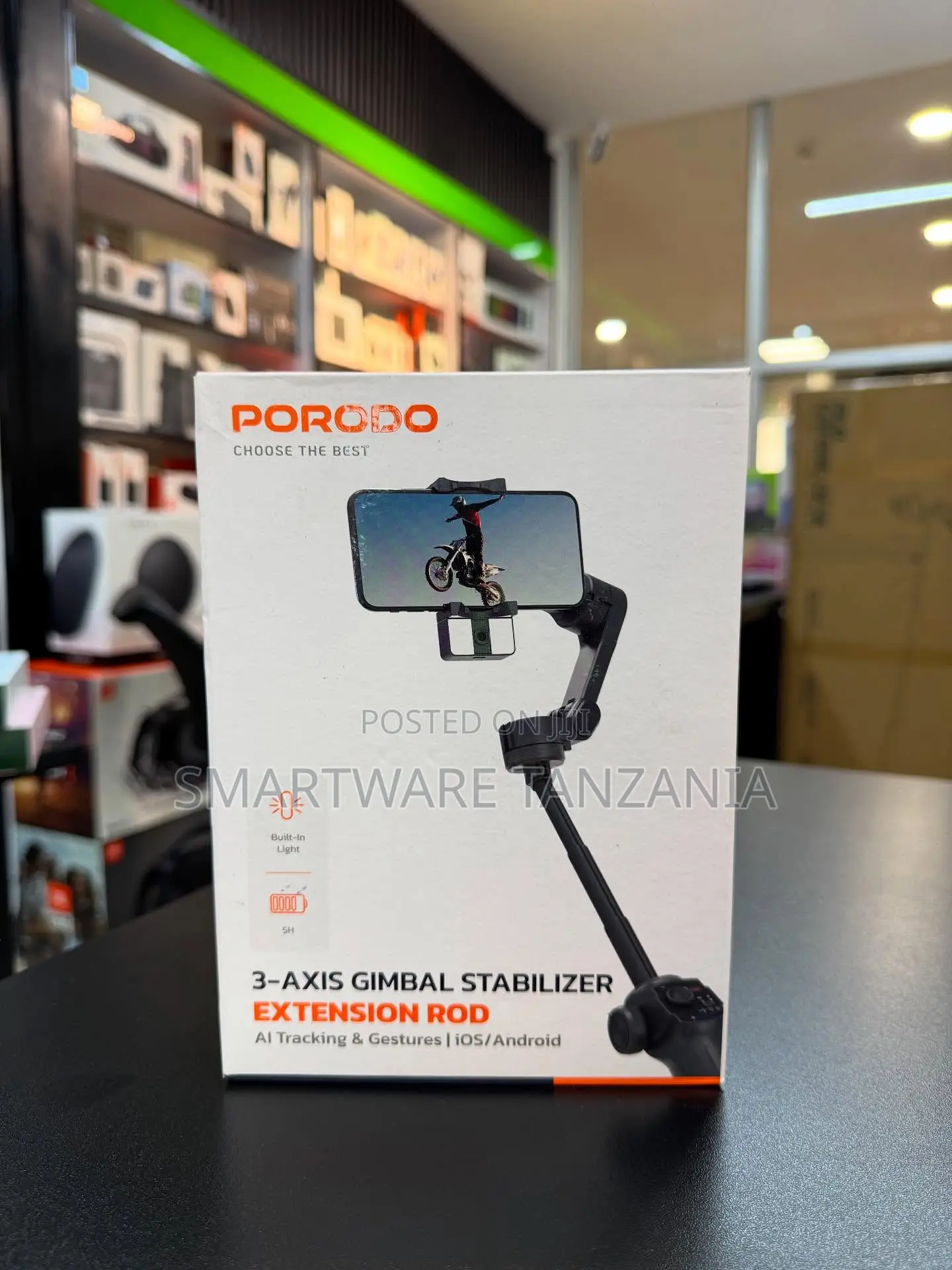 Porodo 3-Axis Gimbal Stabilizer Extension Rod Ai Tracking Light