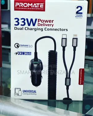 Promate 33w Car Charger Dual Usb-C Lightning Cable Qc 3.0 Fast Charge