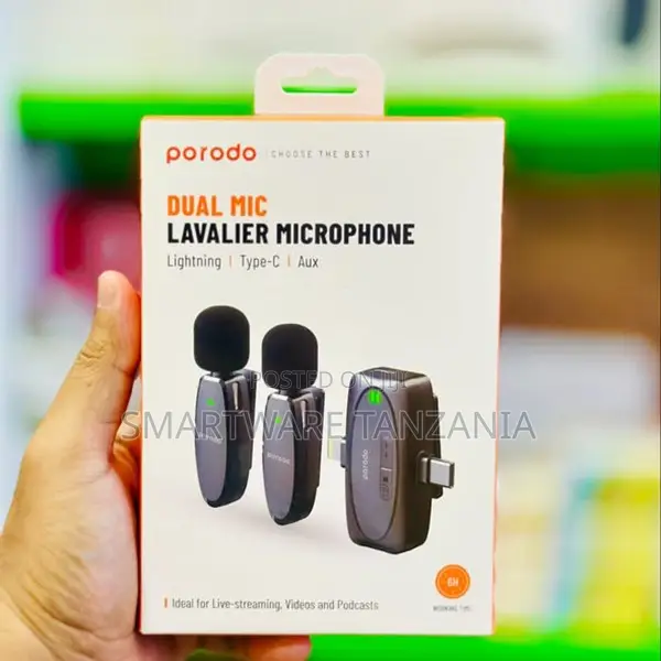 Porodo Dual Mic Lavalier Microphone With Lightning, Type-C and Aux