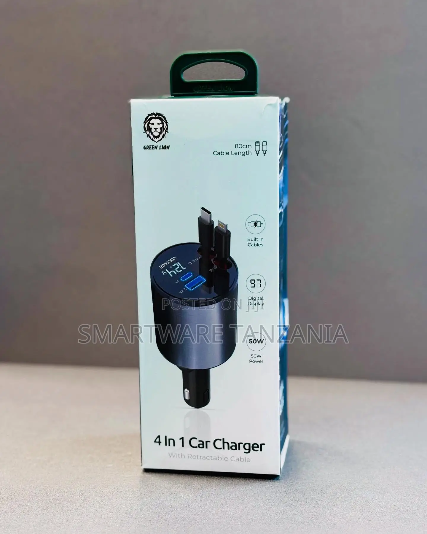 Green Lion 4-in-1 Car Charger 50w - Built-in Cables Digital Display