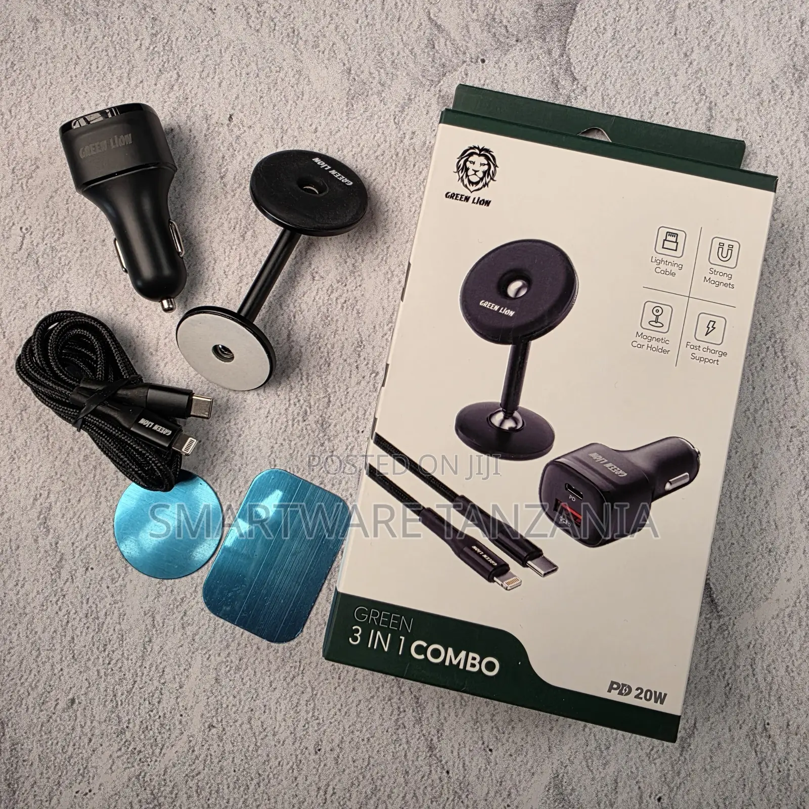 Green Lion 3 in 1 Combo Pd 20w Car Charger Cable Magnetic Holder