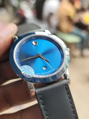 Movado Bold Swiss-Made Watch With Blue Dial and a Black Leather Strap