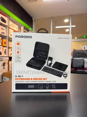Porodo 6in1 Wireless Keyboard Mouse Set Magnetic Cable Stand Case