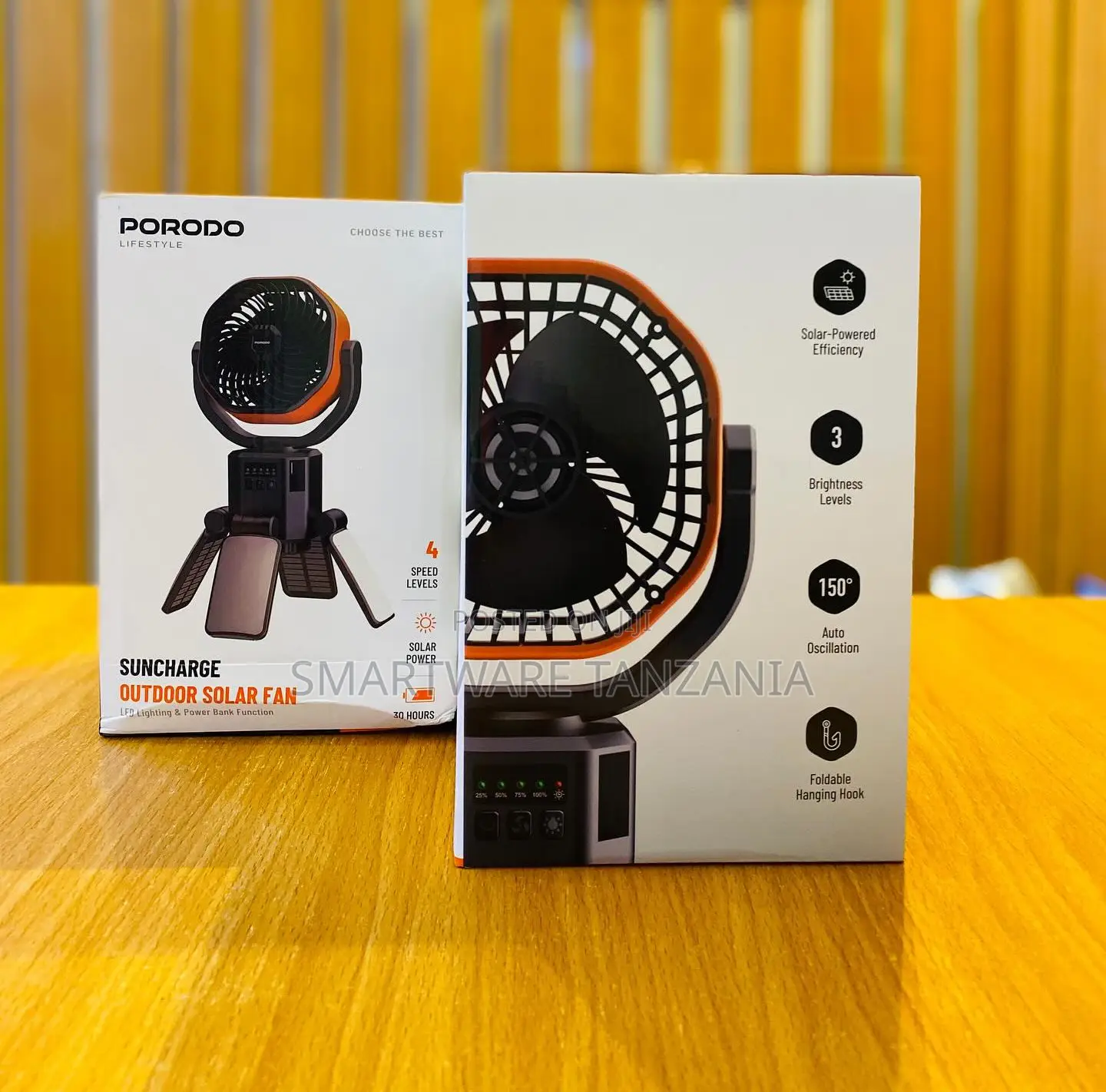 Porodo Suncharge Solar Fan 6000mah 4 Speed Led Light Power Bank Usb