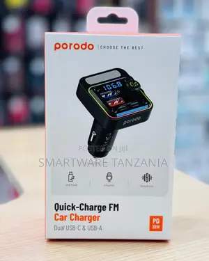 Porodo Quick-Charge Fm Car Charger 36w Usb-C Usb-a Bass Boost