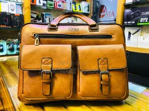 Jeep Classic Brown Leather Laptop Bag With Dual Front Buckle Pockets