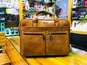 Jeep Vintage Brown Leather Laptop Bag With Double Pocket Design