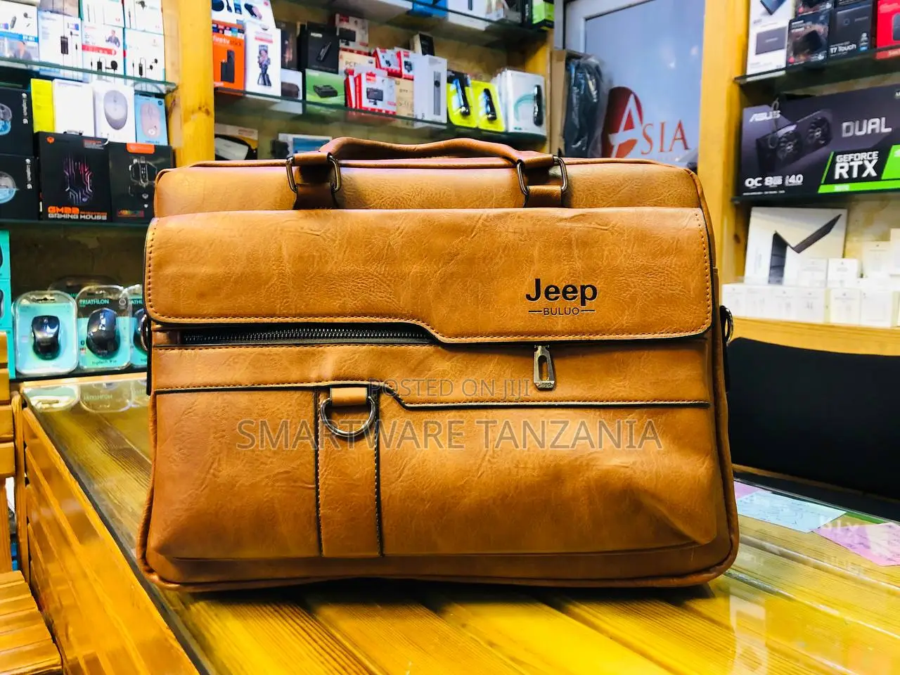 Jeep Urban Brown Leather Laptop Bag With Secure Front Buckle Pockets