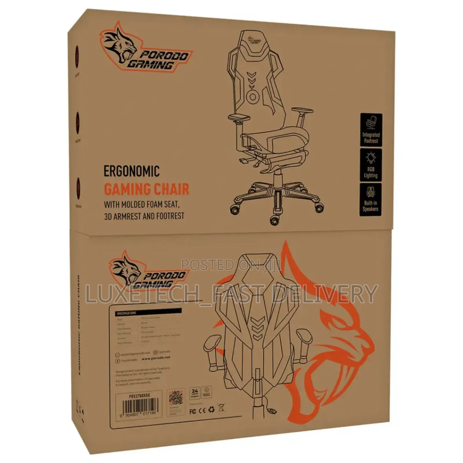 Porodo Ergonomic Gaming Chair (Rgb Lighting + Built-in Speaker)