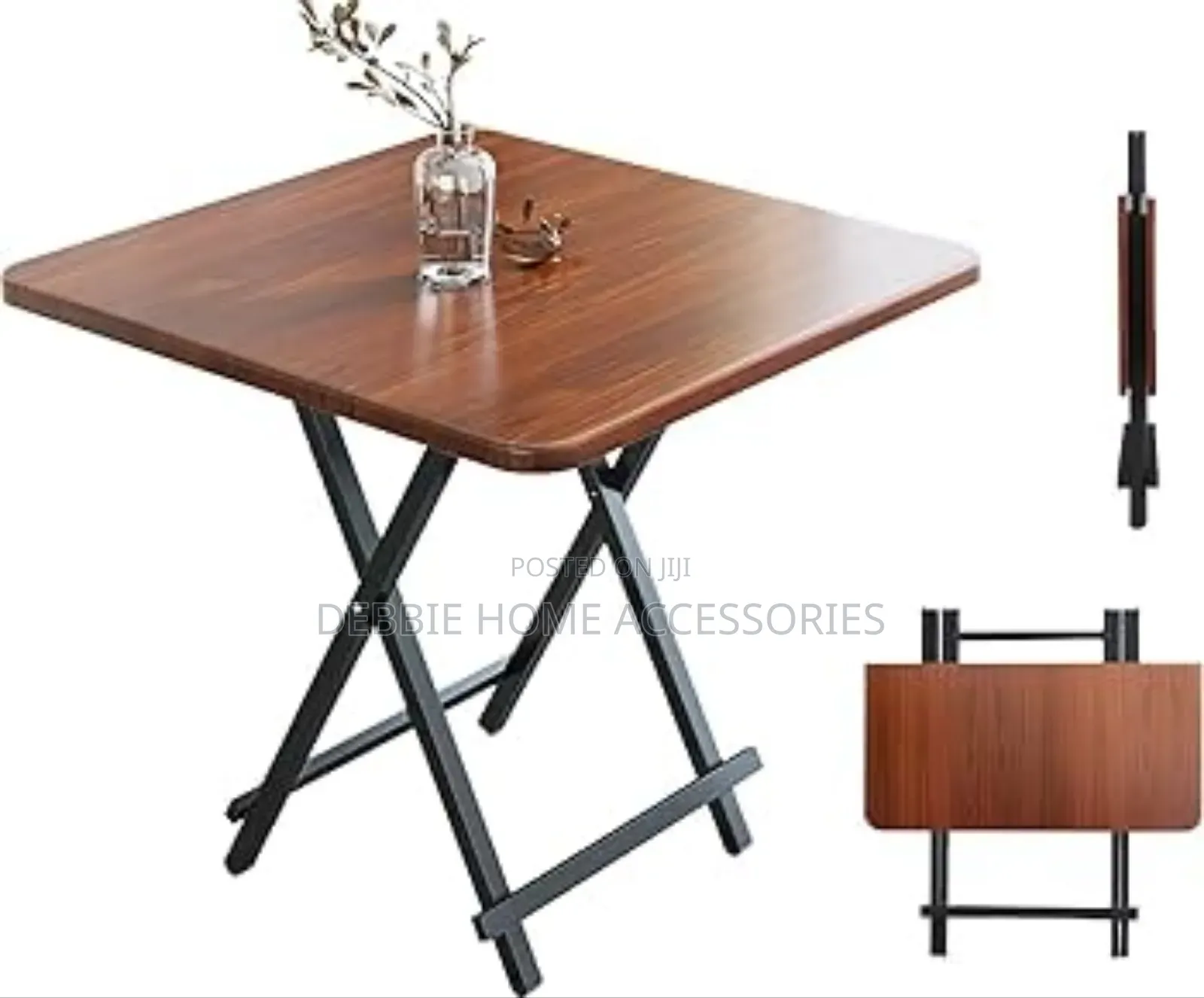 Portable Foldable Dining Table With a Wooden Top and Black Metal Legs