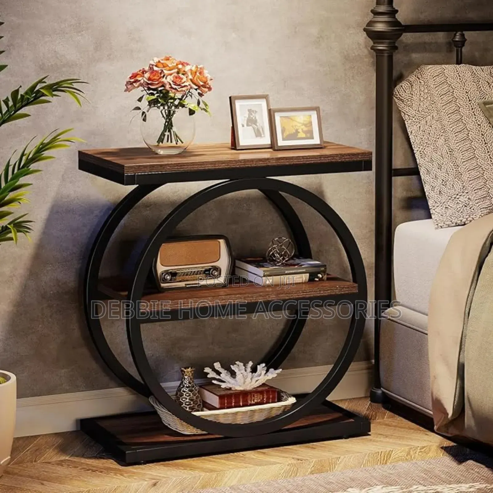 This Is an Industrial 3-Tier End Table With a Round Metal Frame.
