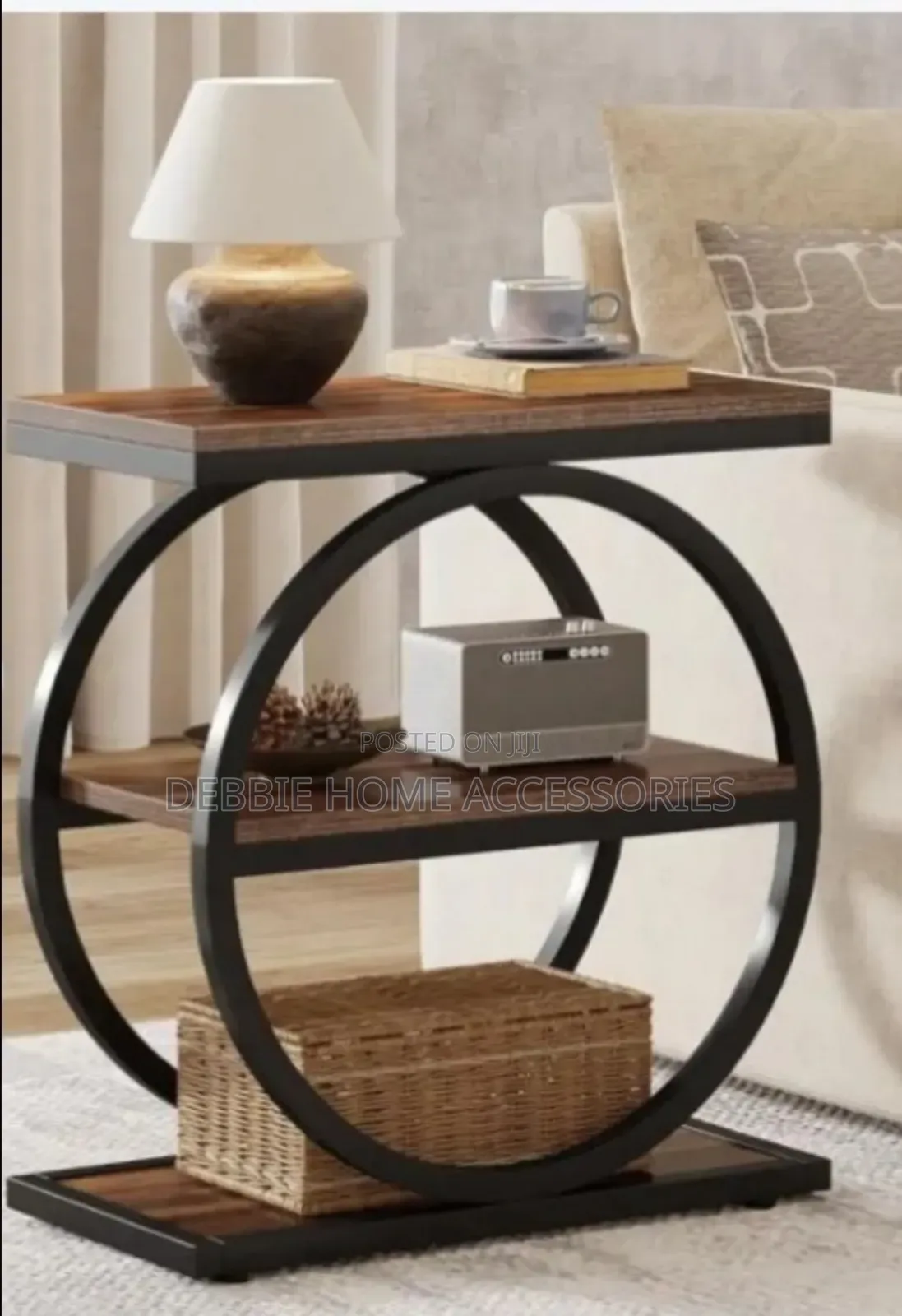 This Is an Industrial 3-Tier End Table With a Round Metal Frame.