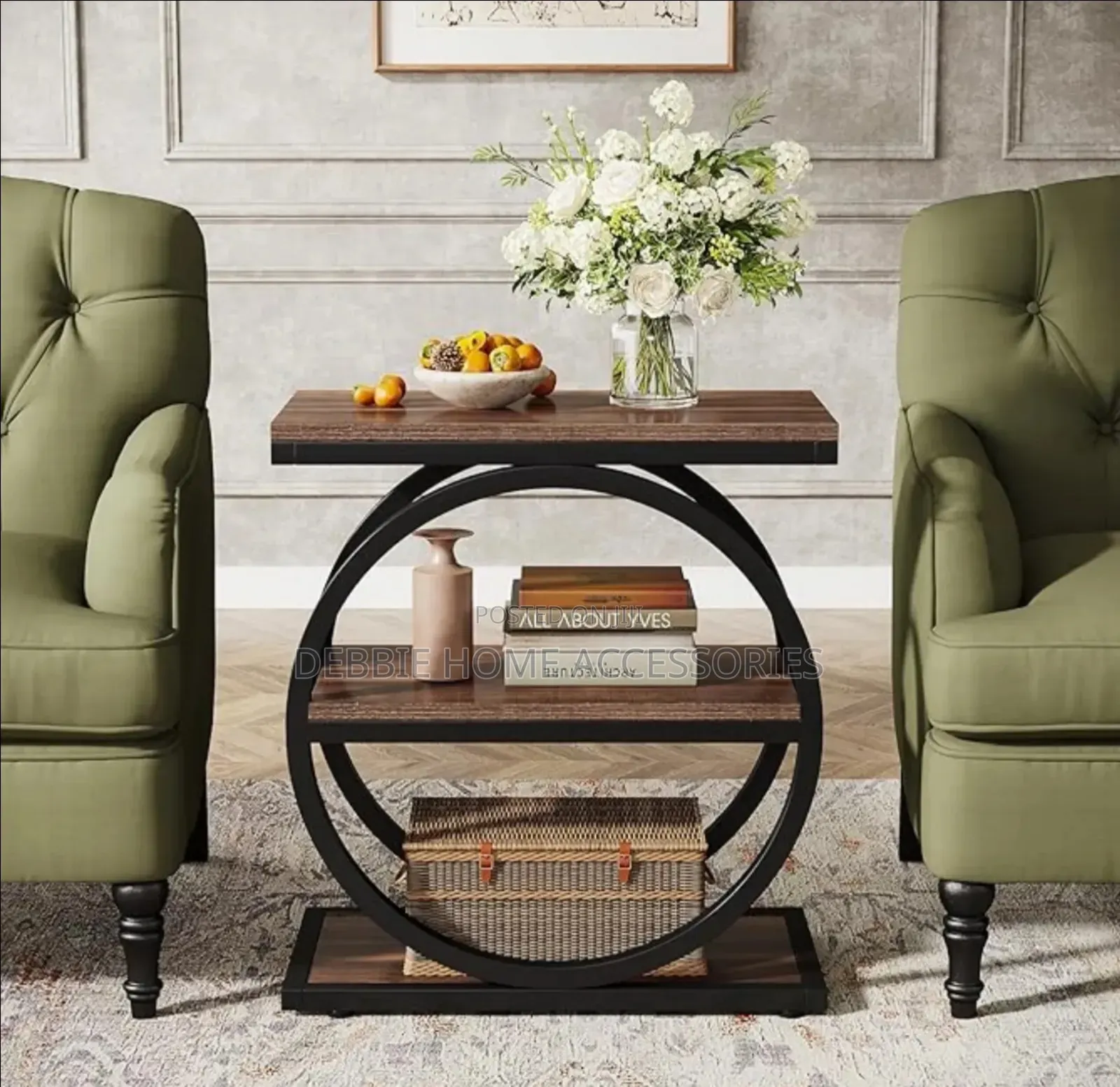 This Is an Industrial 3-Tier End Table With a Round Metal Frame.