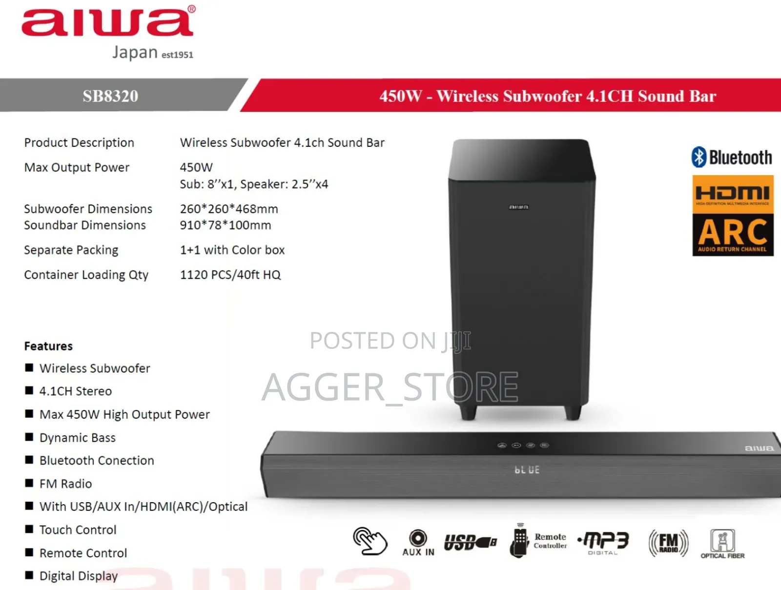 Aiwa Sb8320 Soundbar Wireless 450w