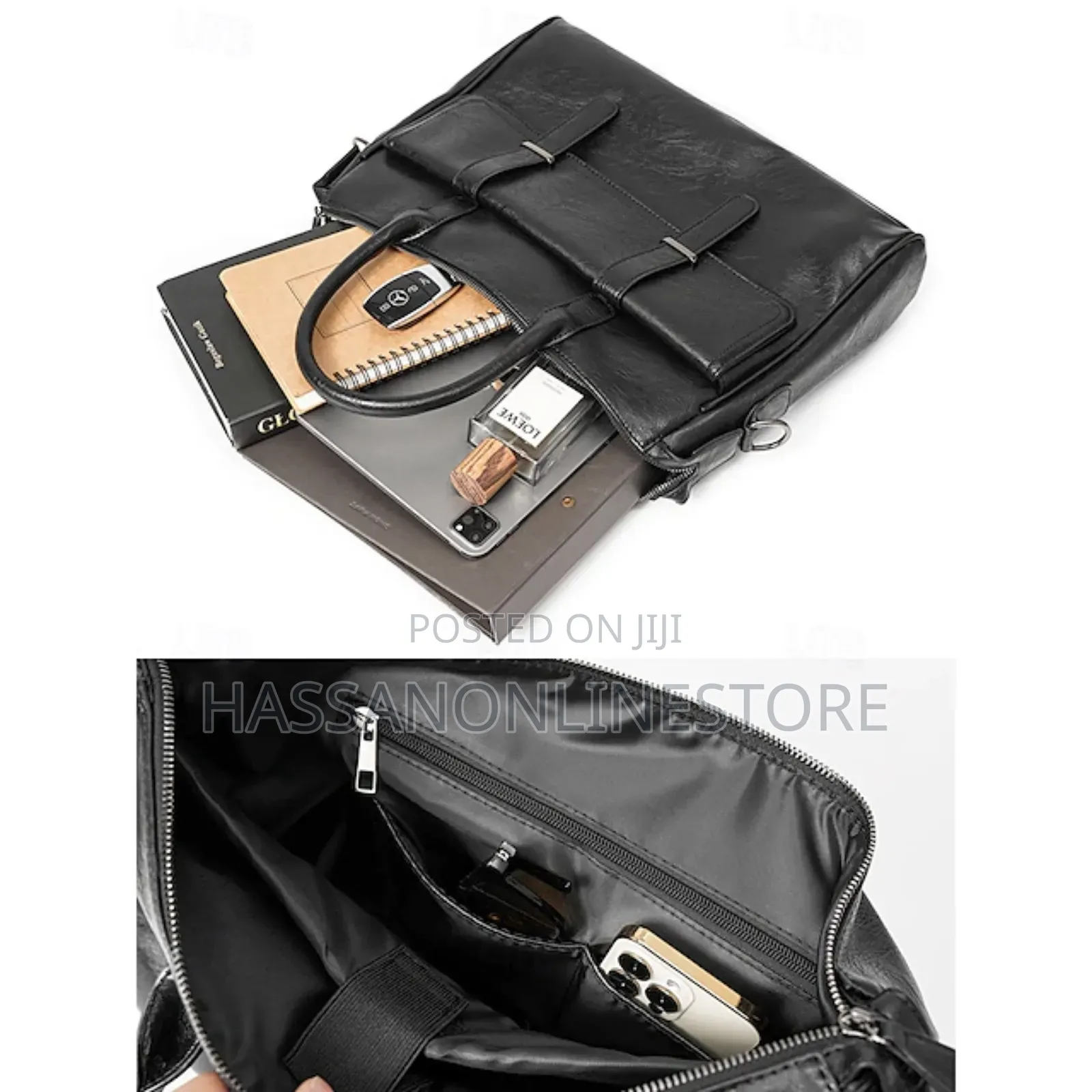 Men's Black Leather Tote Briefcase