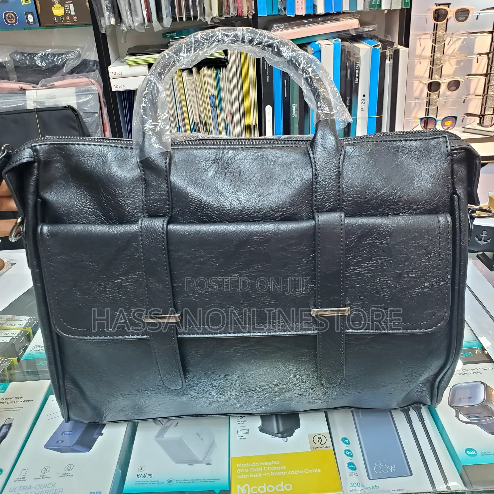 Men's Black Leather Tote Briefcase
