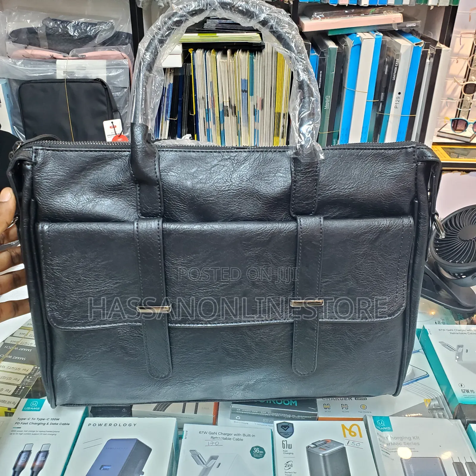 Men's Black Leather Tote Briefcase