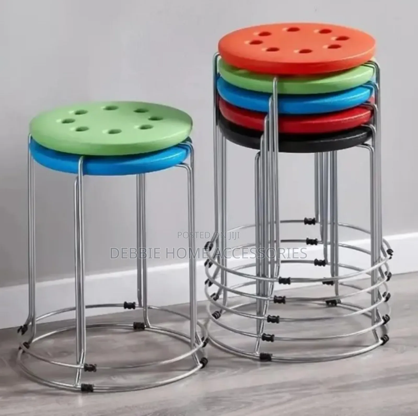 Round Stools With a Metal Frame and Plastic Seat Tops.