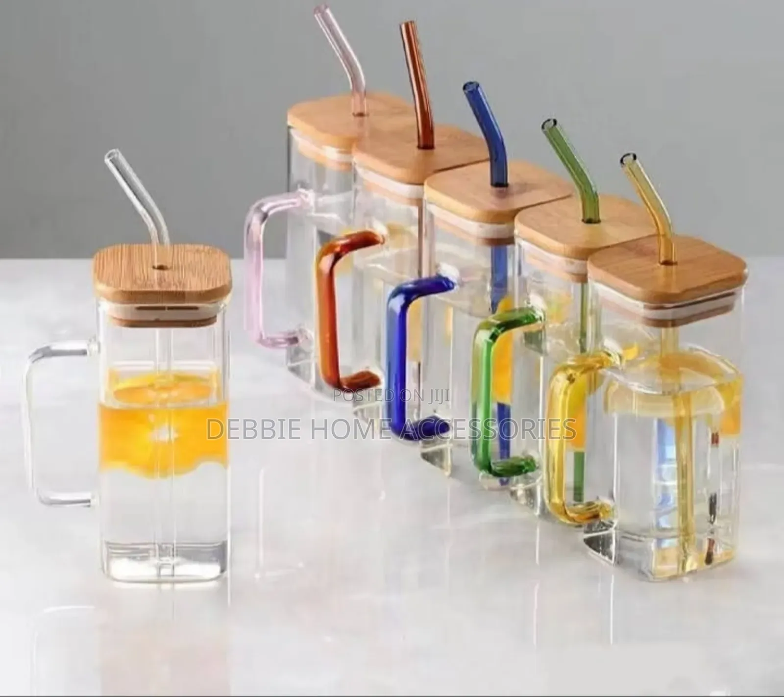 1pc-Square Glass Cups With Bamboo Lid and Glass Straw.