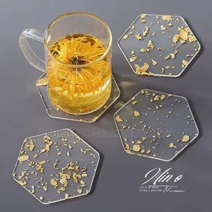 Clear Acrylic Coasters Decorated With Gold Foil Flakes. -6pcs
