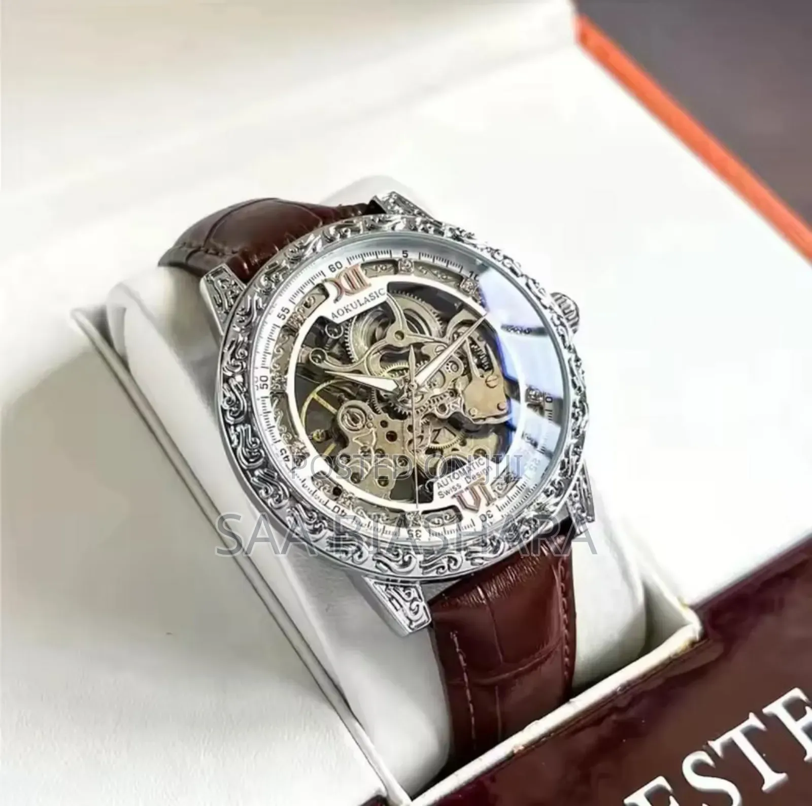 Aokulasic Mechanical Watch Genuine Leather Belt Brown