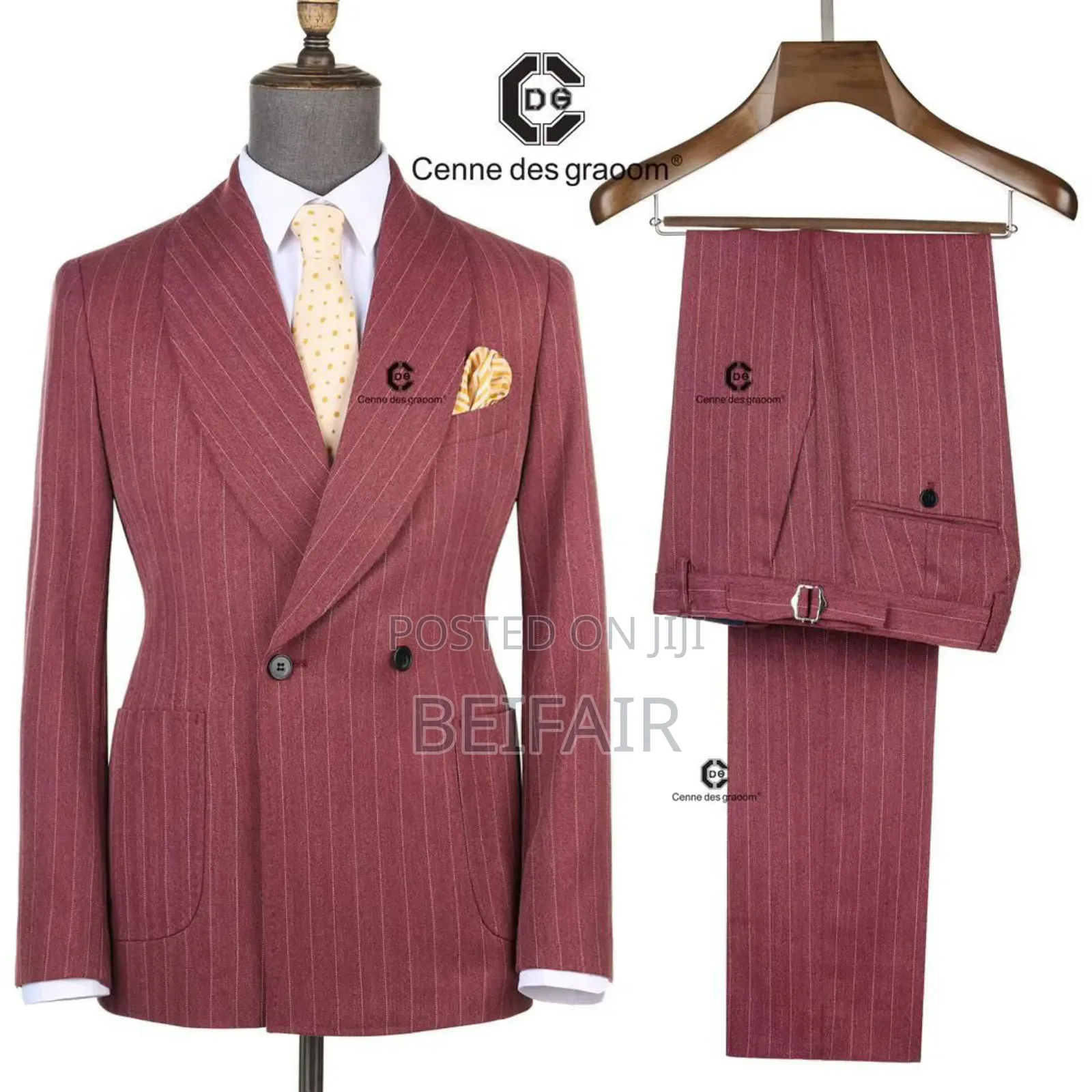 Peach Suit White Stripes Double Button Suit