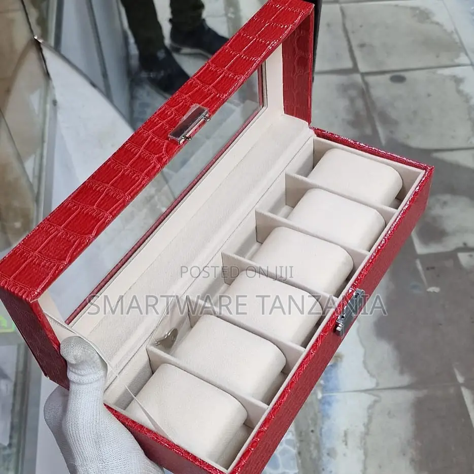 Red Leather Watch Box 5 Slot Luxury Display Case Jewelry Organizer