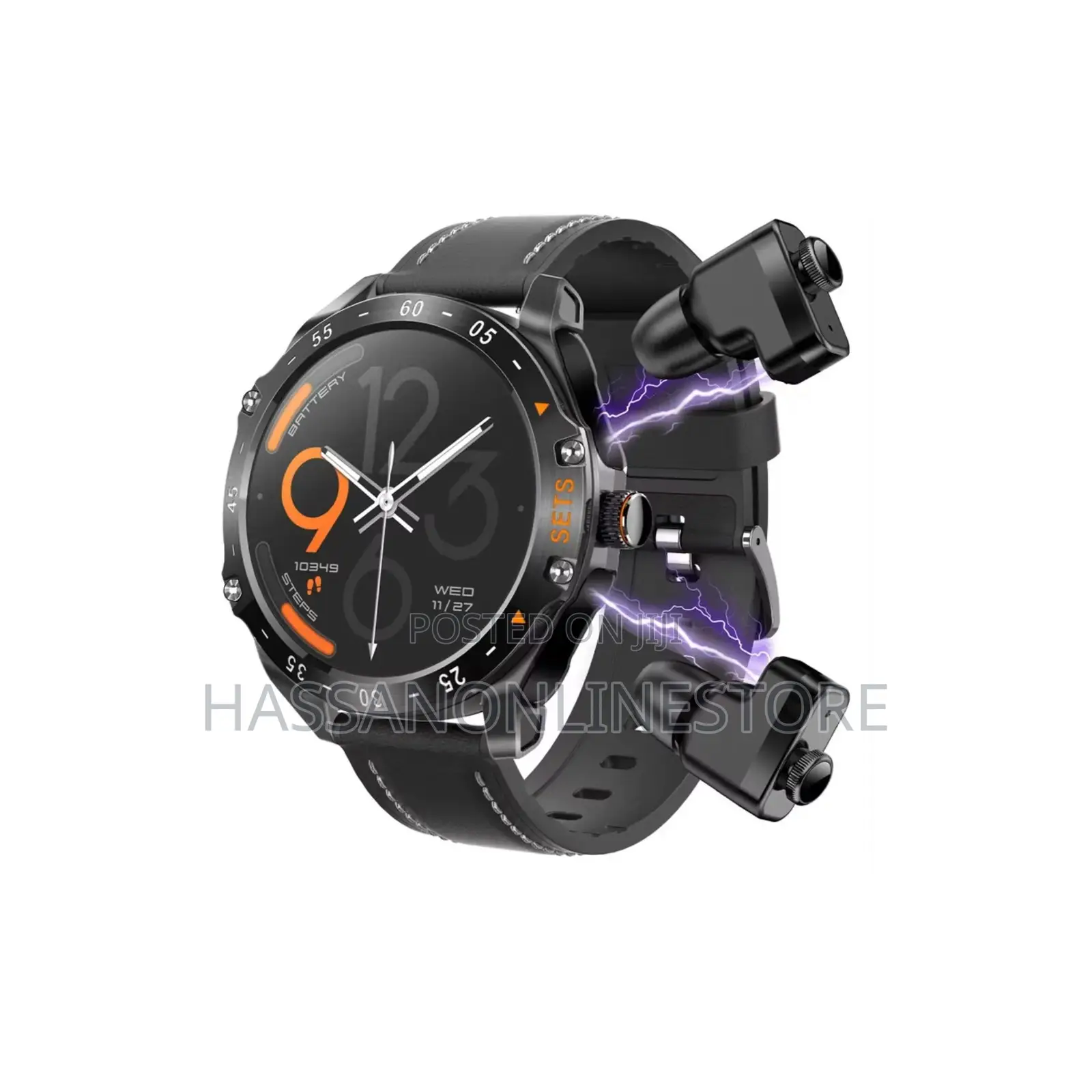 Porodo Hype Smart Watch With Wireless Earbuds and Black Leather Band