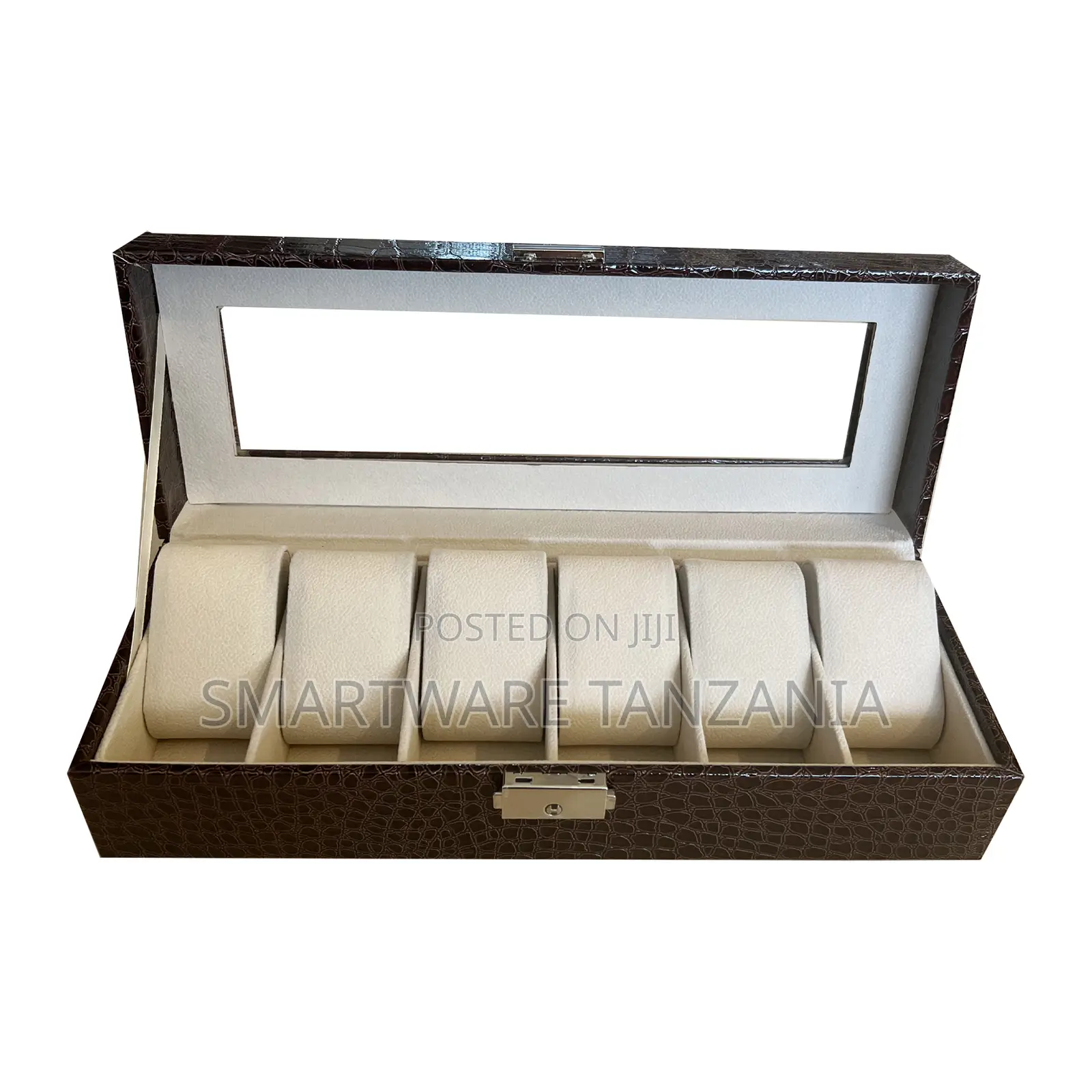 Crocodile Leather Watch Box 5 Slot Glass Display Storage Organizer