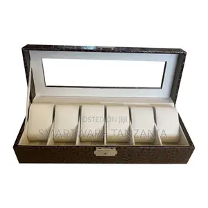 Crocodile Leather Watch Box 5 Slot Glass Display Storage Organizer