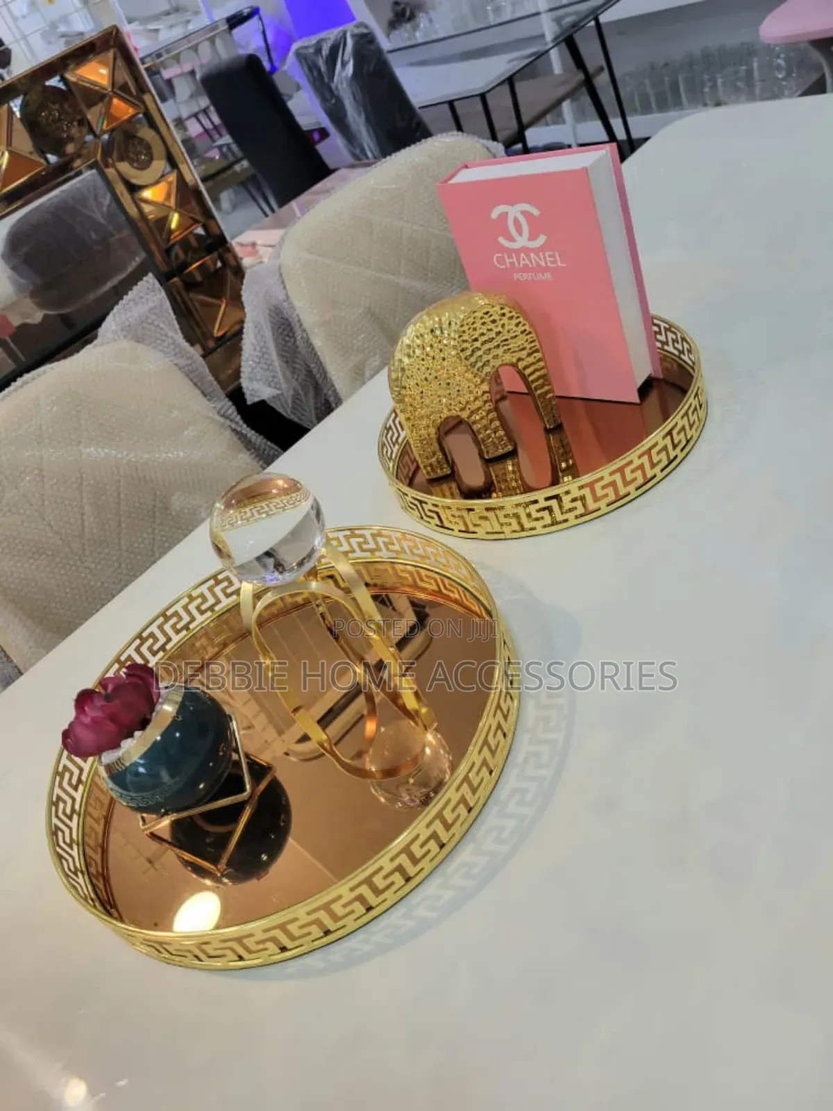 Round Gold Metal Mirrored Serving Tray Set 1(2pcs)
