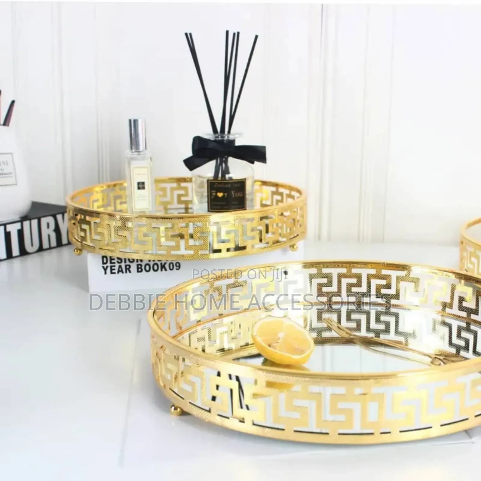 Round Gold Metal Mirrored Serving Tray Set 1(2pcs)