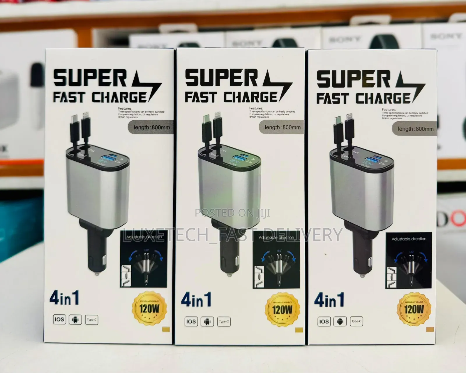 4-in-1 Super Fast Car Charger 120w- Ios (Lightning) and Type-C Devices