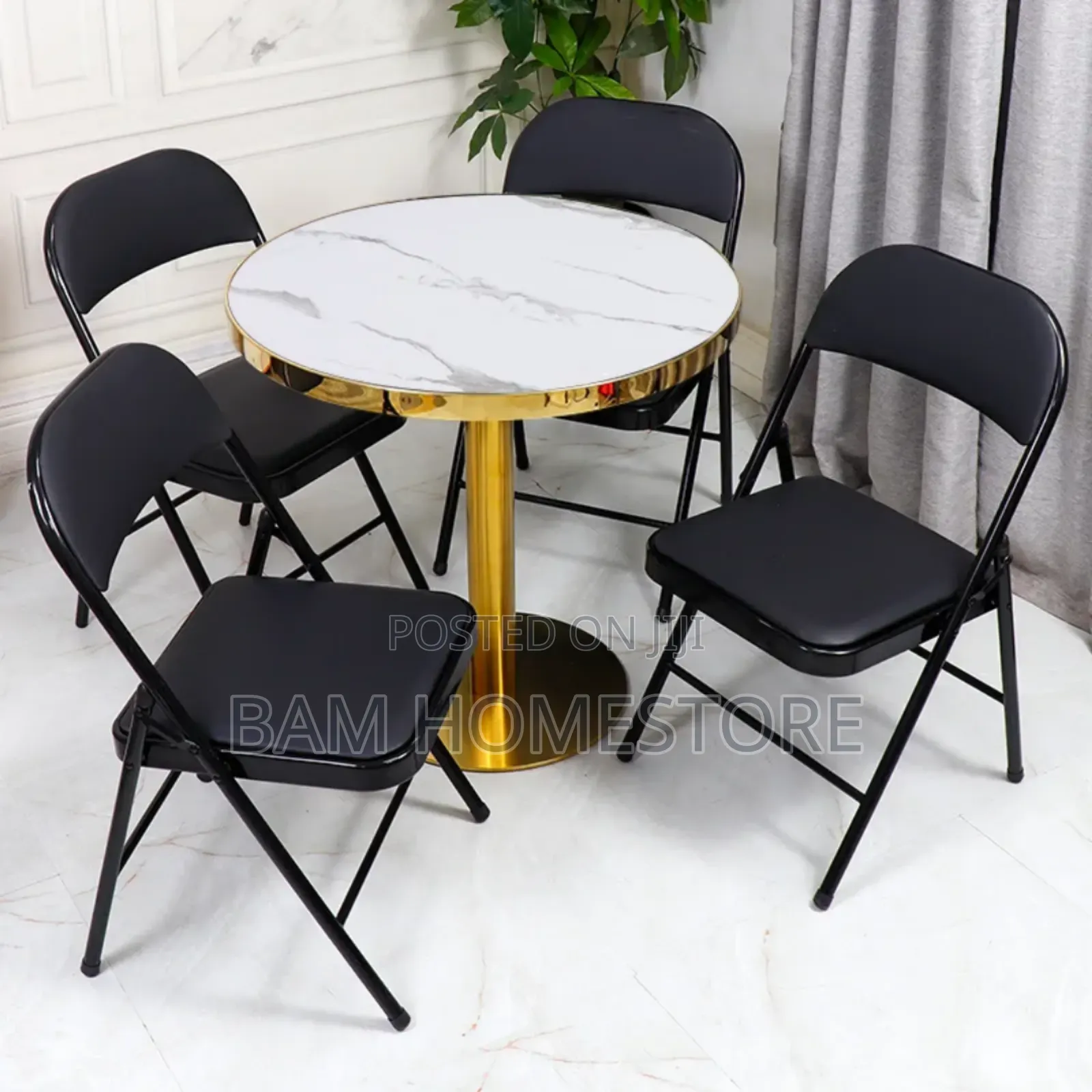 Elegant Bistro Set | Marble-Style Gold Pedestal Table | Folding Chairs