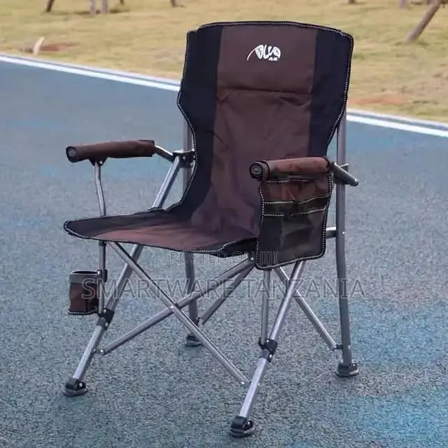Heavy Duty Folding Camp Chair Brown With Padded Armrests Pocket