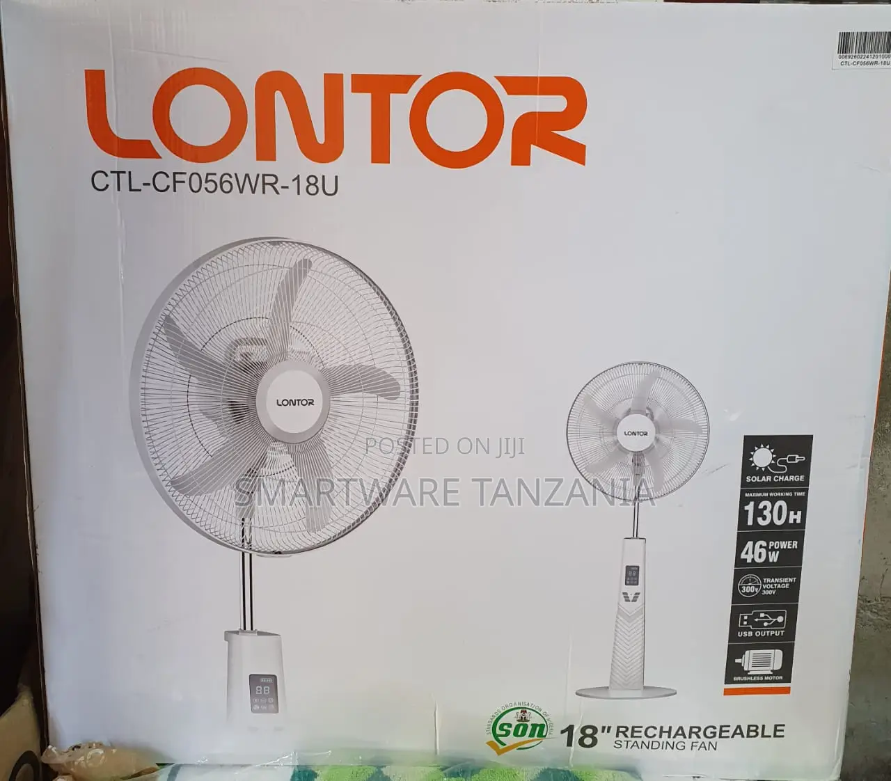 Lontor 18" Rechargeable Standing Fan Solar Charge 130h Runtime