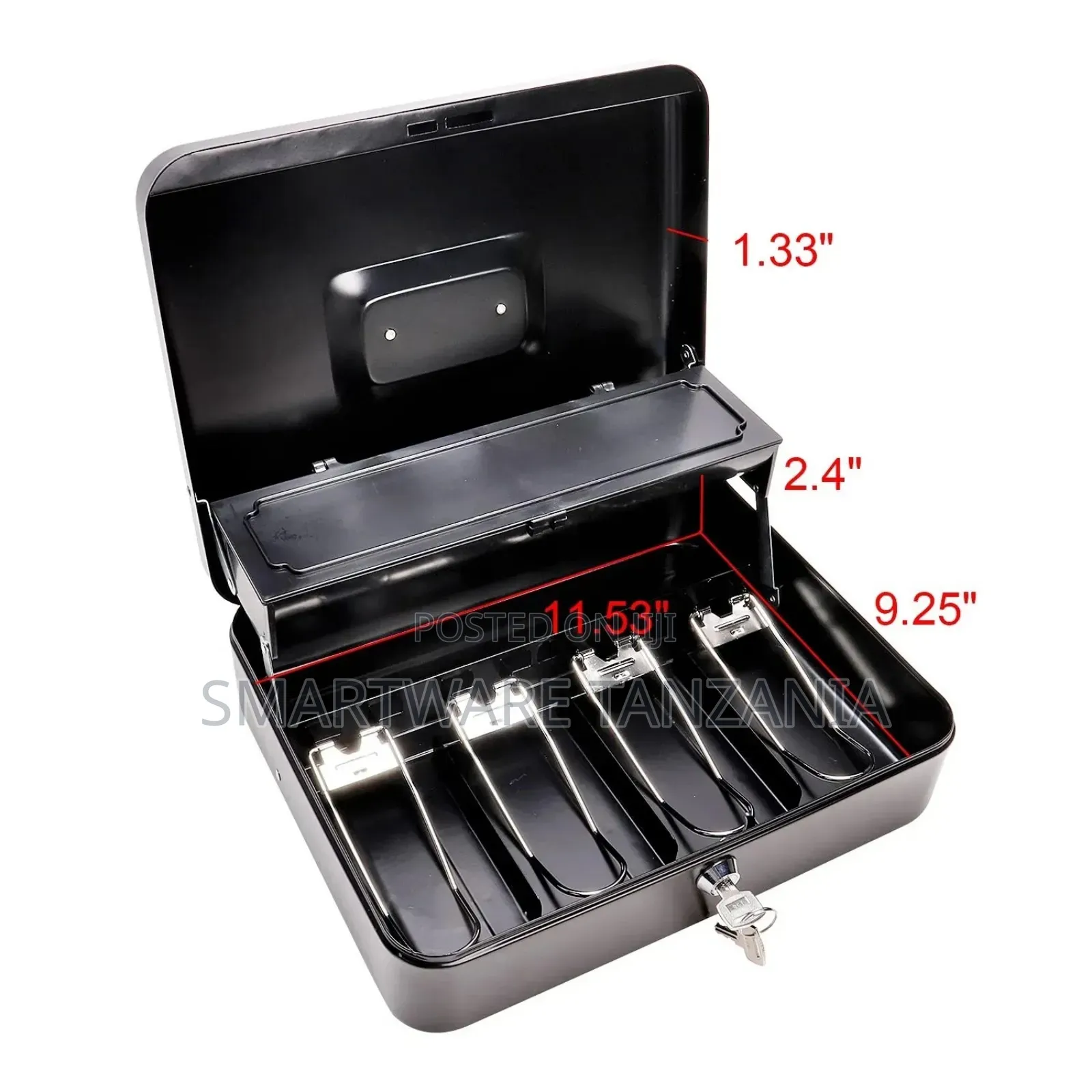 Secure Black Cash Box With Removable Coin Tray And Metal Clips