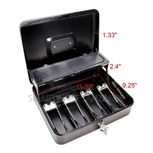 Secure Black Cash Box With Removable Coin Tray And Metal Clips