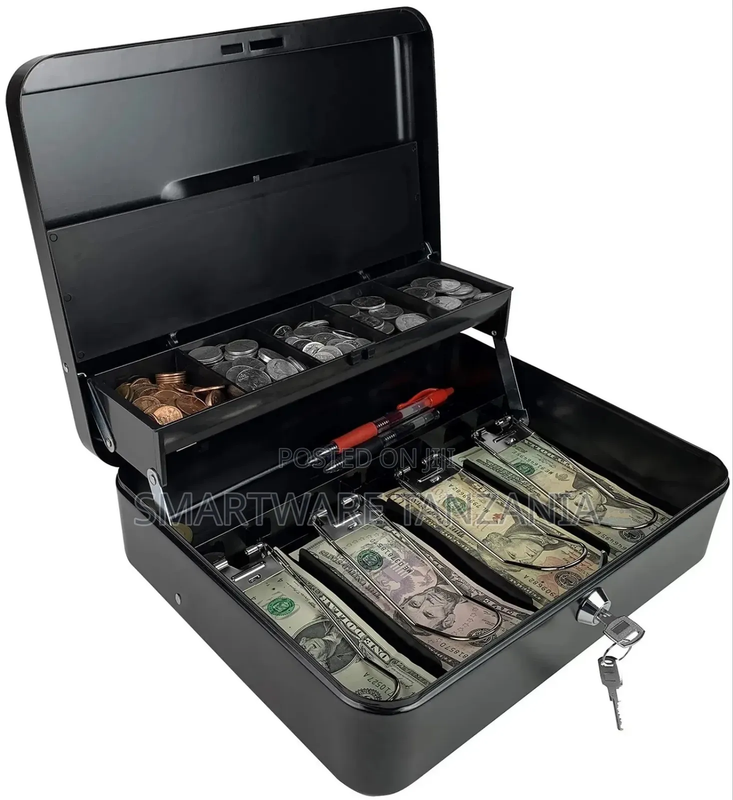 Professional Black Metal Cash Box With 2-tier Money Organizer