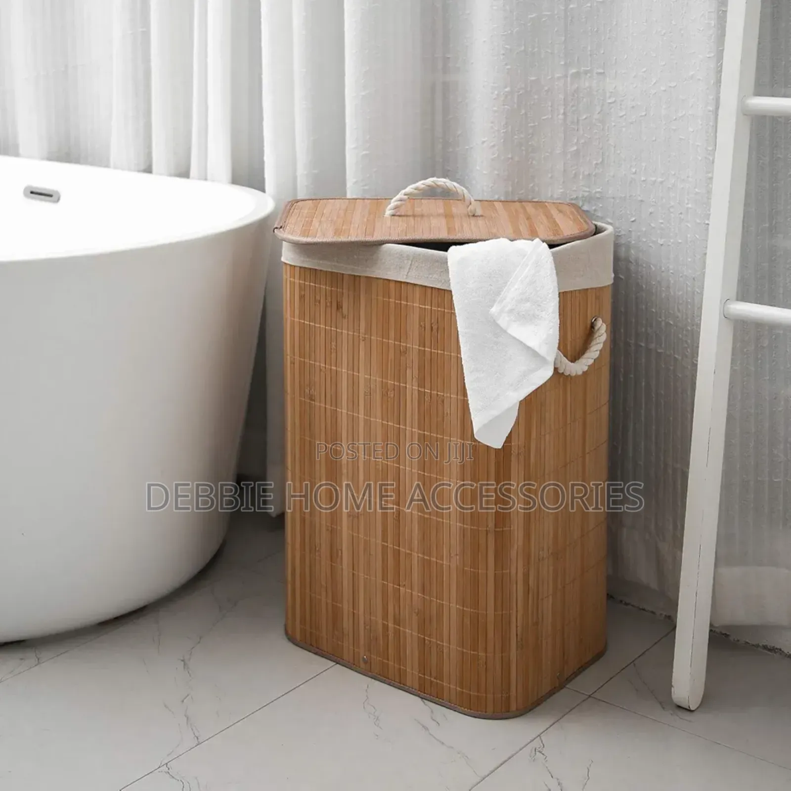 Natural Bamboo Laundry Hamper With a Lid and Rope Handles.