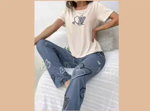 Blue Heart Top And Long Pants Pajama Set Pj Size L