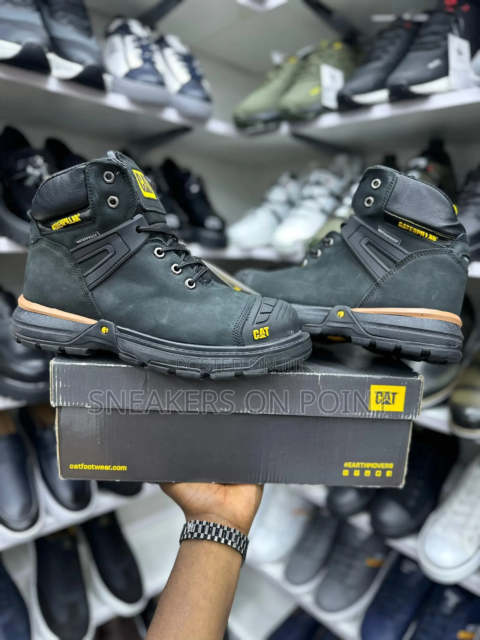 This Is a Pair of Black Caterpillar Excavator Safety Boots