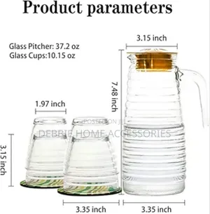 Glass Water Pitcher With Lid 3 Piecs (1 Kettle + 2 Cups )