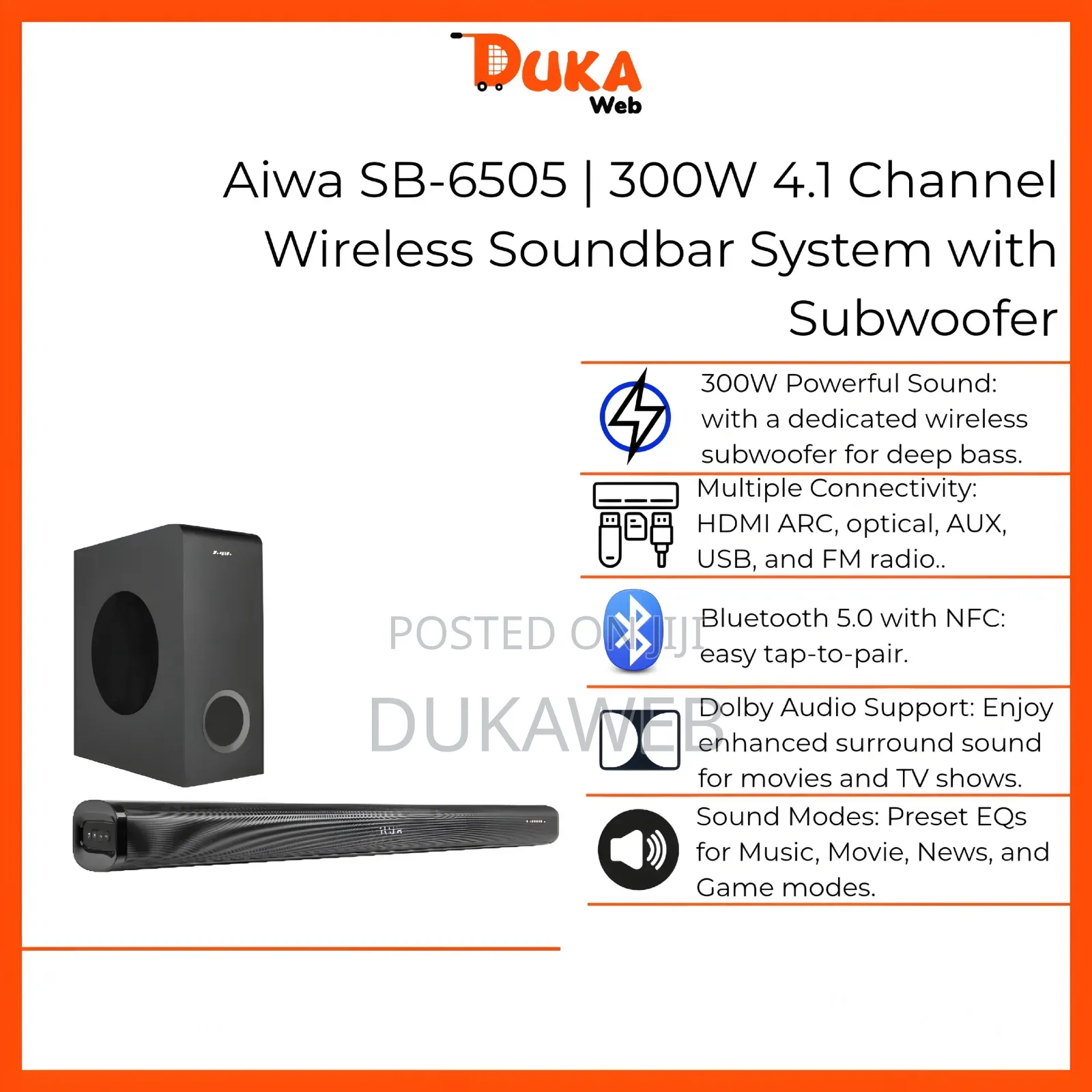 Aiwa Sb-6505 300w 4.1 Channel Wireless Soundbar With Subwoofer