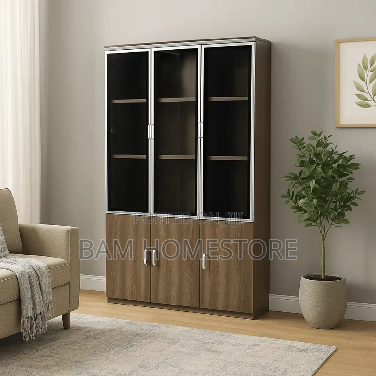 Executive 3-Door Office Bookcase - Modern Glass Filing Cabinet
